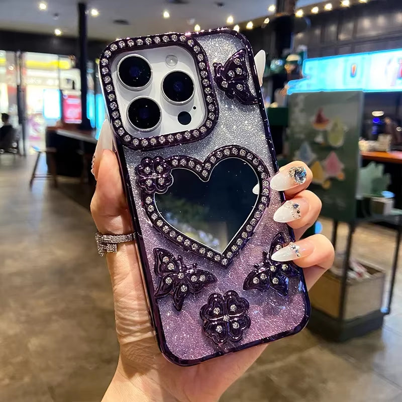 ✨ Butterfly Radiance Mirror Case — Luxury Electroplated Glitter Diamond Heart Design for iPhone 17 16 15 14 13 Pro Max | Transparent Glam Mirror Cover