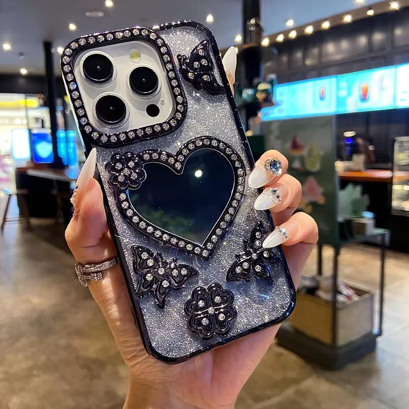 ✨ Butterfly Radiance Mirror Case — Luxury Electroplated Glitter Diamond Heart Design for iPhone 17 16 15 14 13 Pro Max | Transparent Glam Mirror Cover