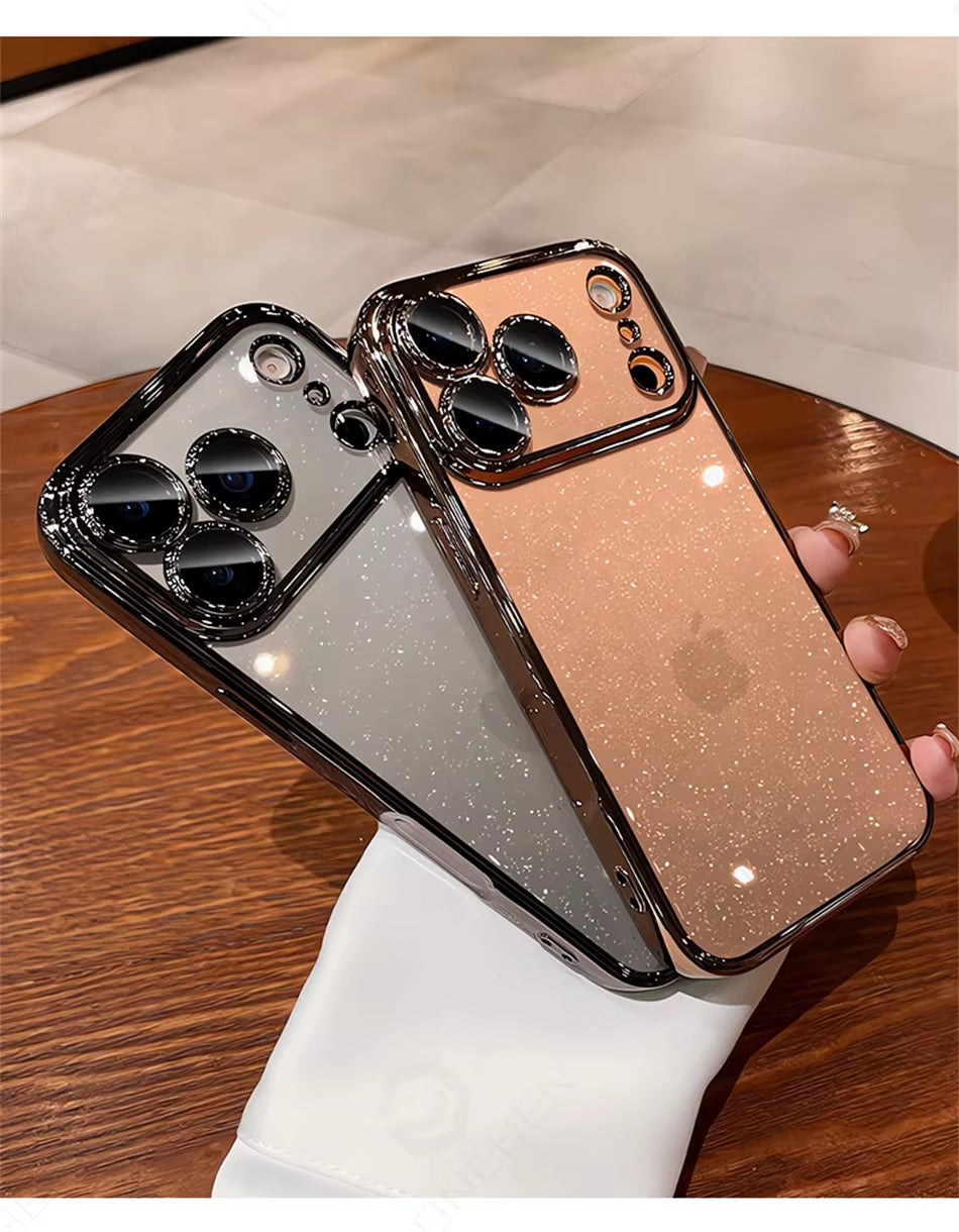 ✨ LuxeGlow™ Clear Spark Case — Dazzling Transparent Glitter Cover with Orange-Plated Edges & Full Lens Protection for iPhone 17–13 Pro Max