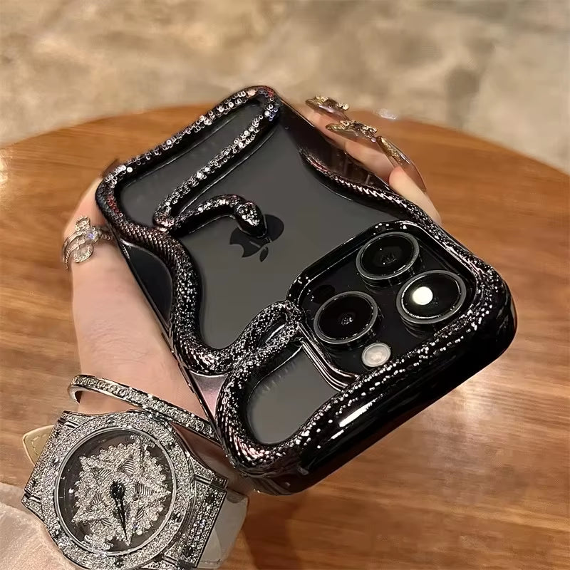 💠 BlingNTech Serpent Luxe Hollow Plated Frame Case for iPhone 17 | 16 | 15 | 14 | 13 Pro Max – Diamond-Edge Lens Guard & Shockproof Glam Cover