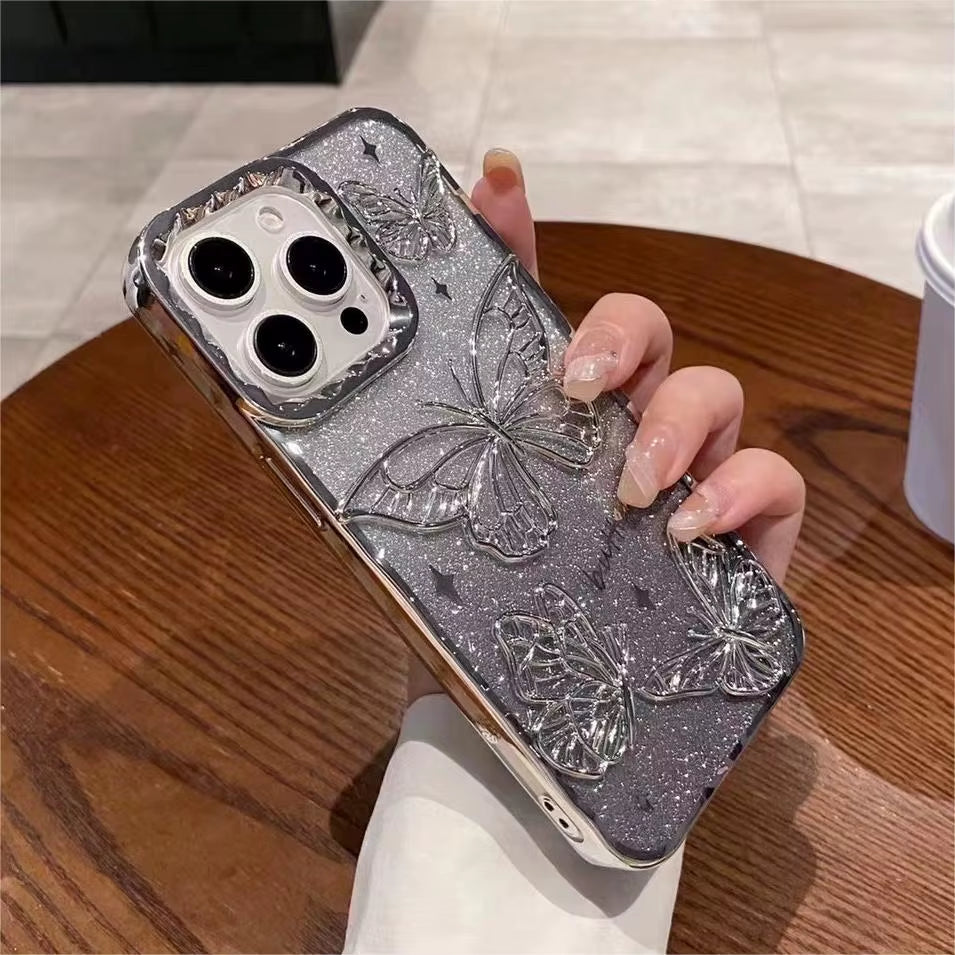 ✨ BlingNTech 3D Butterfly Glow Case — Gradient Quicksand Glitter for iPhone 17 16 15 14 13 Pro Max | Plating Shockproof Luxe Cover ✨