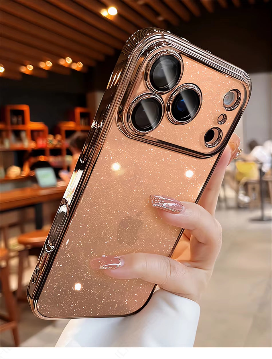 ✨ LuxeGlow™ Clear Spark Case — Dazzling Transparent Glitter Cover with Orange-Plated Edges & Full Lens Protection for iPhone 17–13 Pro Max