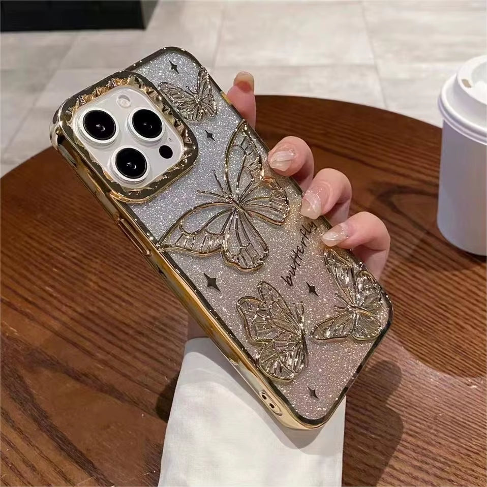 ✨ BlingNTech 3D Butterfly Glow Case — Gradient Quicksand Glitter for iPhone 17 16 15 14 13 Pro Max | Plating Shockproof Luxe Cover ✨