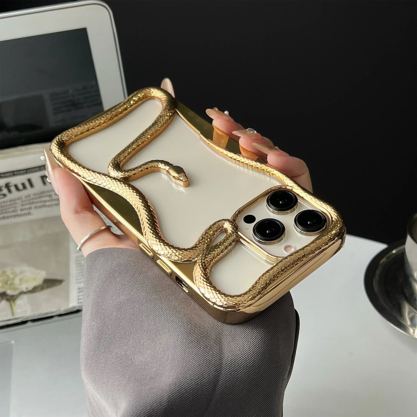 💠 BlingNTech Serpent Luxe Hollow Plated Frame Case for iPhone 17 | 16 | 15 | 14 | 13 Pro Max – Diamond-Edge Lens Guard & Shockproof Glam Cover