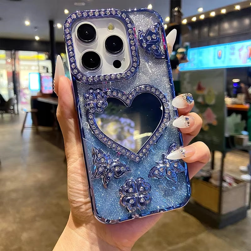 ✨ Butterfly Radiance Mirror Case — Luxury Electroplated Glitter Diamond Heart Design for iPhone 17 16 15 14 13 Pro Max | Transparent Glam Mirror Cover