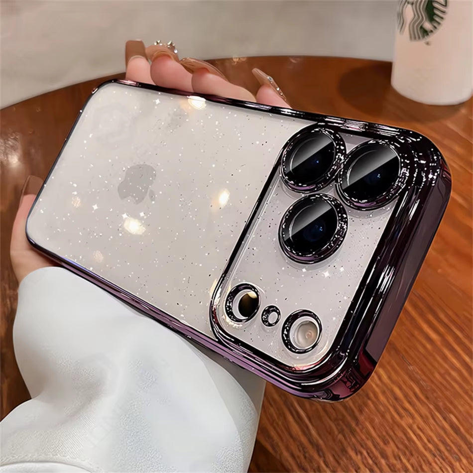 ✨ LuxeGlow™ Clear Spark Case — Dazzling Transparent Glitter Cover with Orange-Plated Edges & Full Lens Protection for iPhone 17–13 Pro Max