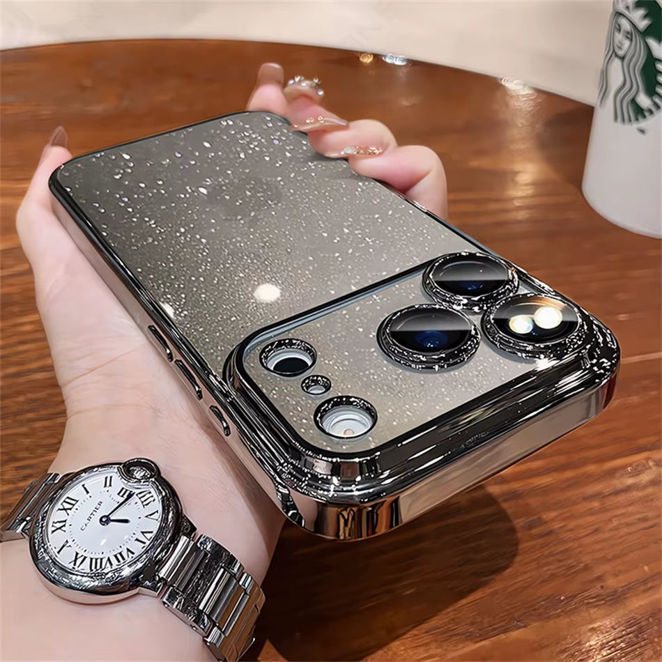 ✨ LuxeGlow™ Clear Spark Case — Dazzling Transparent Glitter Cover with Orange-Plated Edges & Full Lens Protection for iPhone 17–13 Pro Max