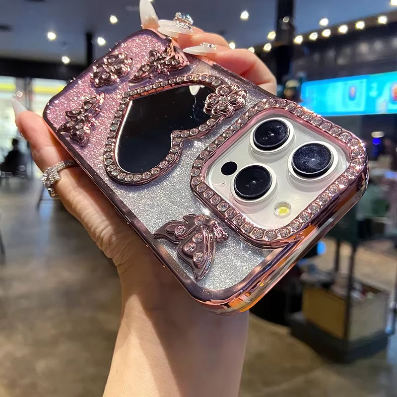 ✨ Butterfly Radiance Mirror Case — Luxury Electroplated Glitter Diamond Heart Design for iPhone 17 16 15 14 13 Pro Max | Transparent Glam Mirror Cover