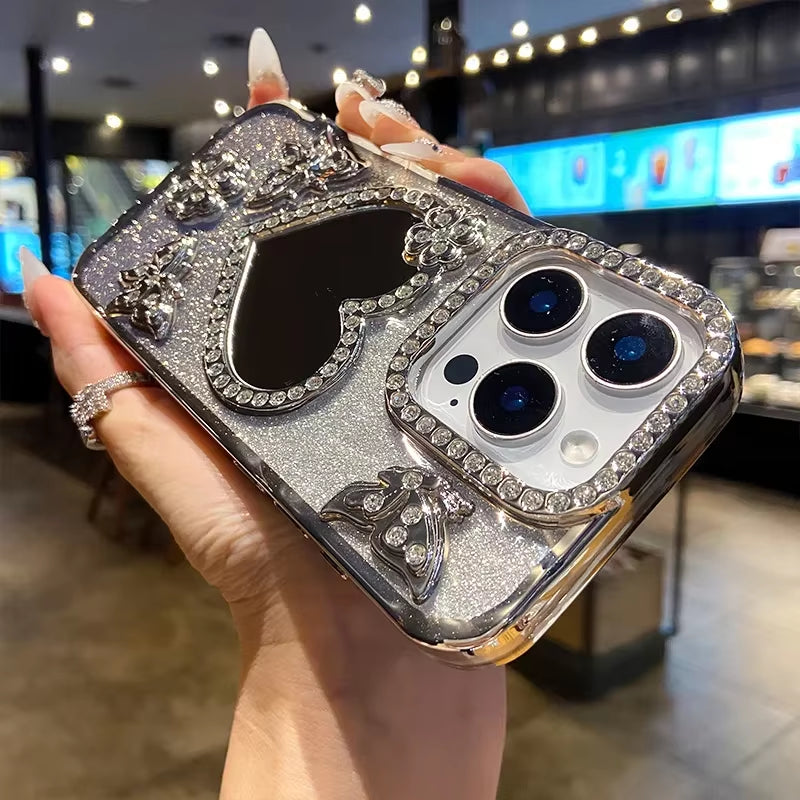 ✨ Butterfly Radiance Mirror Case — Luxury Electroplated Glitter Diamond Heart Design for iPhone 17 16 15 14 13 Pro Max | Transparent Glam Mirror Cover