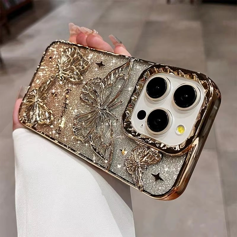 ✨ BlingNTech 3D Butterfly Glow Case — Gradient Quicksand Glitter for iPhone 17 16 15 14 13 Pro Max | Plating Shockproof Luxe Cover ✨