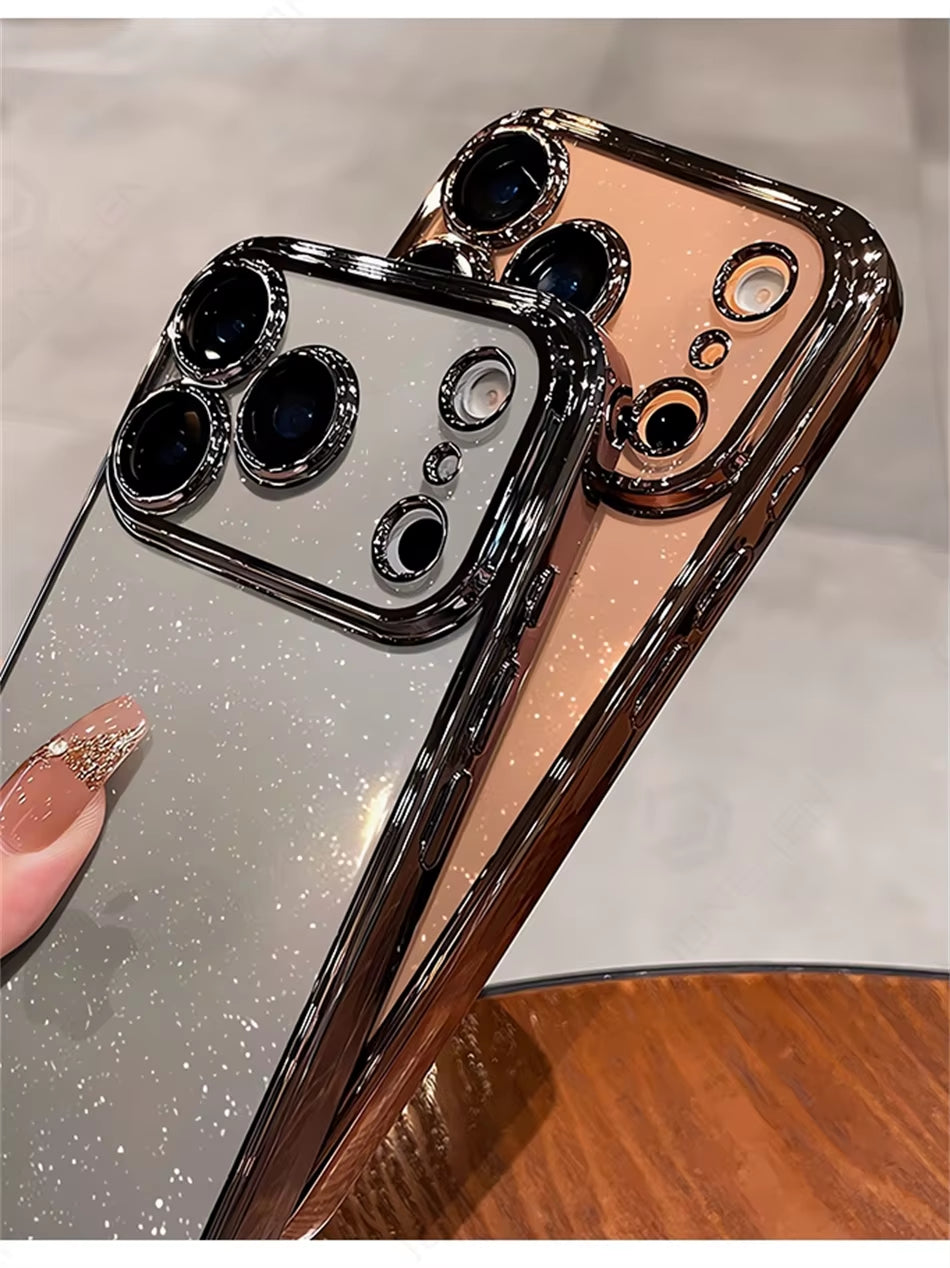 ✨ LuxeGlow™ Clear Spark Case — Dazzling Transparent Glitter Cover with Orange-Plated Edges & Full Lens Protection for iPhone 17–13 Pro Max