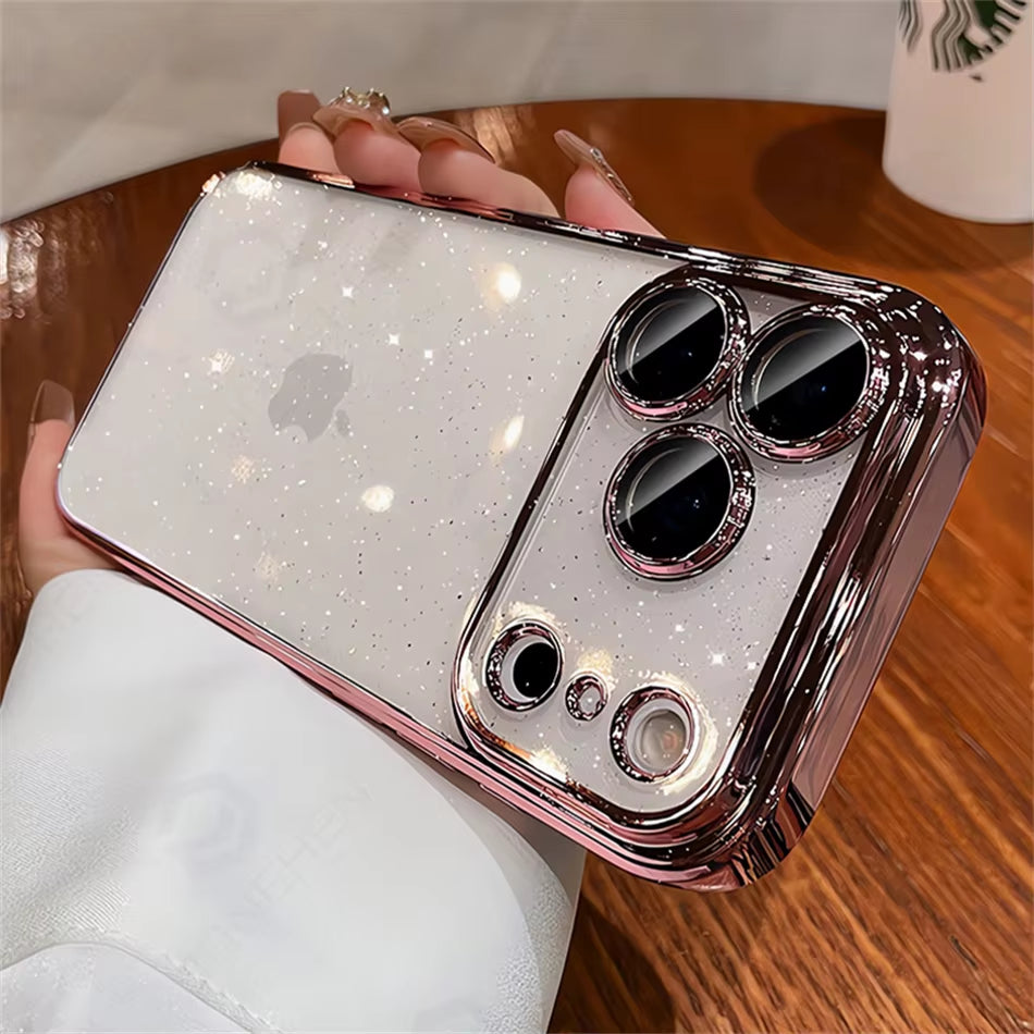 ✨ LuxeGlow™ Clear Spark Case — Dazzling Transparent Glitter Cover with Orange-Plated Edges & Full Lens Protection for iPhone 17–13 Pro Max