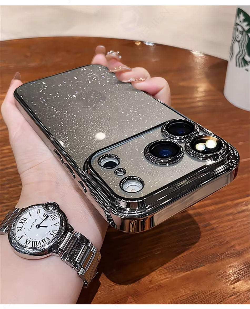 ✨ LuxeGlow™ Clear Spark Case — Dazzling Transparent Glitter Cover with Orange-Plated Edges & Full Lens Protection for iPhone 17–13 Pro Max