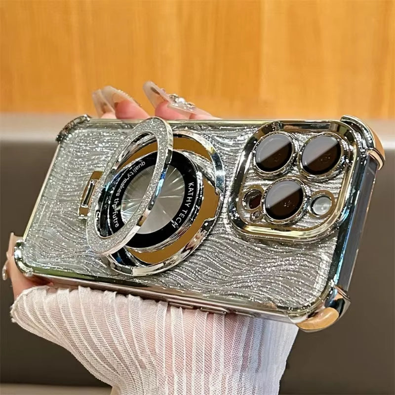 β¨ BlingNTech RippleGlow Magnetic Stand Case β Glitter Water Effect with Logo Cutout for iPhone 16 15 14 13 Pro Max | Airbag Shockproof Luxe Cover β¨