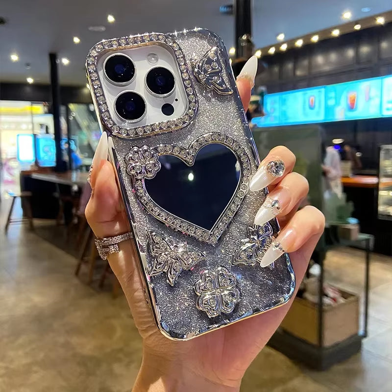 ✨ Butterfly Radiance Mirror Case — Luxury Electroplated Glitter Diamond Heart Design for iPhone 17 16 15 14 13 Pro Max | Transparent Glam Mirror Cover