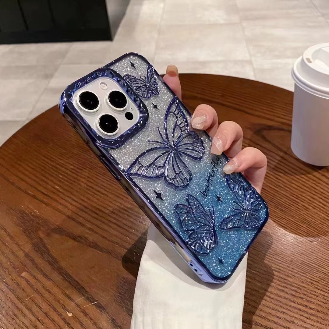 ✨ BlingNTech 3D Butterfly Glow Case — Gradient Quicksand Glitter for iPhone 17 16 15 14 13 Pro Max | Plating Shockproof Luxe Cover ✨