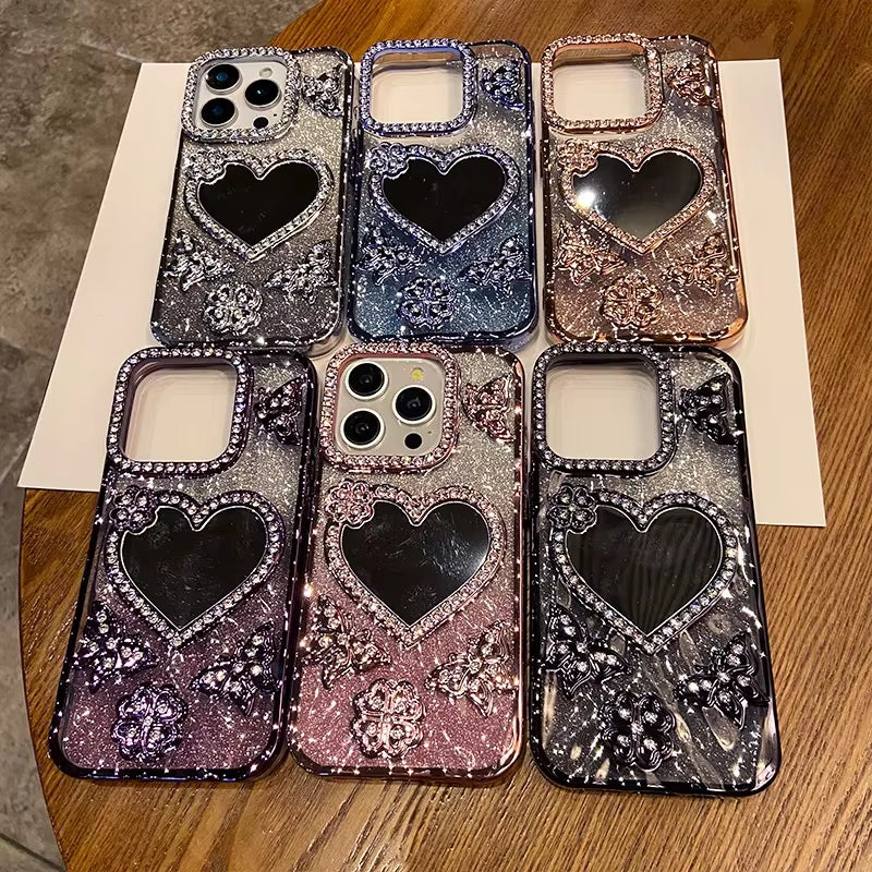 ✨ Butterfly Radiance Mirror Case — Luxury Electroplated Glitter Diamond Heart Design for iPhone 17 16 15 14 13 Pro Max | Transparent Glam Mirror Cover