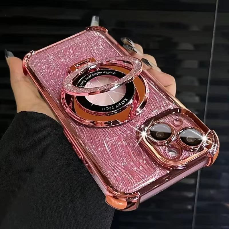 β¨ BlingNTech RippleGlow Magnetic Stand Case β Glitter Water Effect with Logo Cutout for iPhone 16 15 14 13 Pro Max | Airbag Shockproof Luxe Cover β¨
