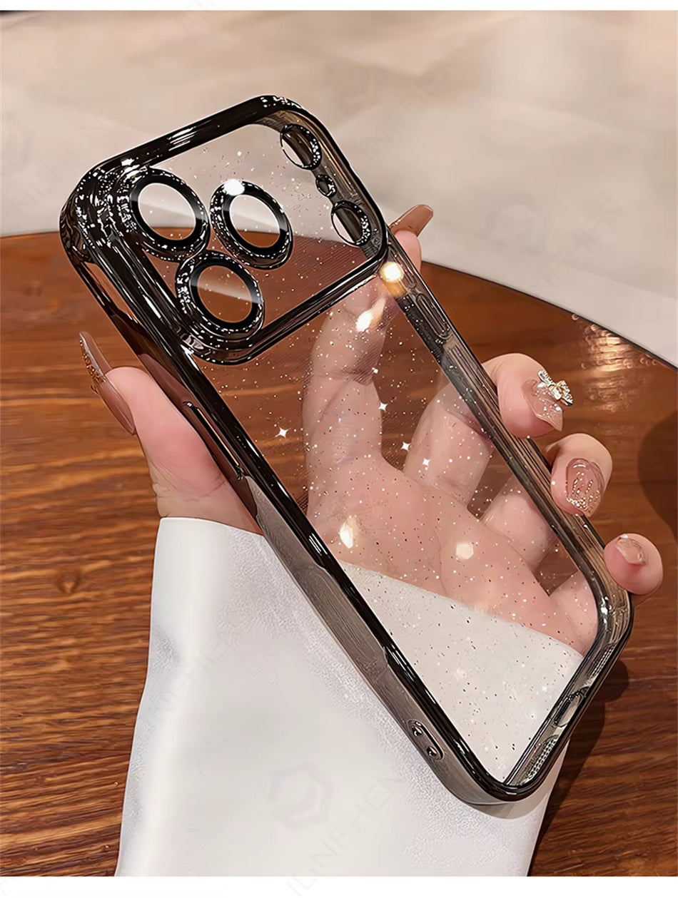 ✨ LuxeGlow™ Clear Spark Case — Dazzling Transparent Glitter Cover with Orange-Plated Edges & Full Lens Protection for iPhone 17–13 Pro Max