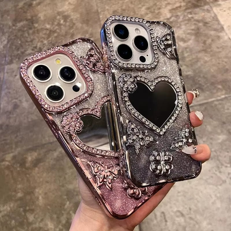 ✨ Butterfly Radiance Mirror Case — Luxury Electroplated Glitter Diamond Heart Design for iPhone 17 16 15 14 13 Pro Max | Transparent Glam Mirror Cover
