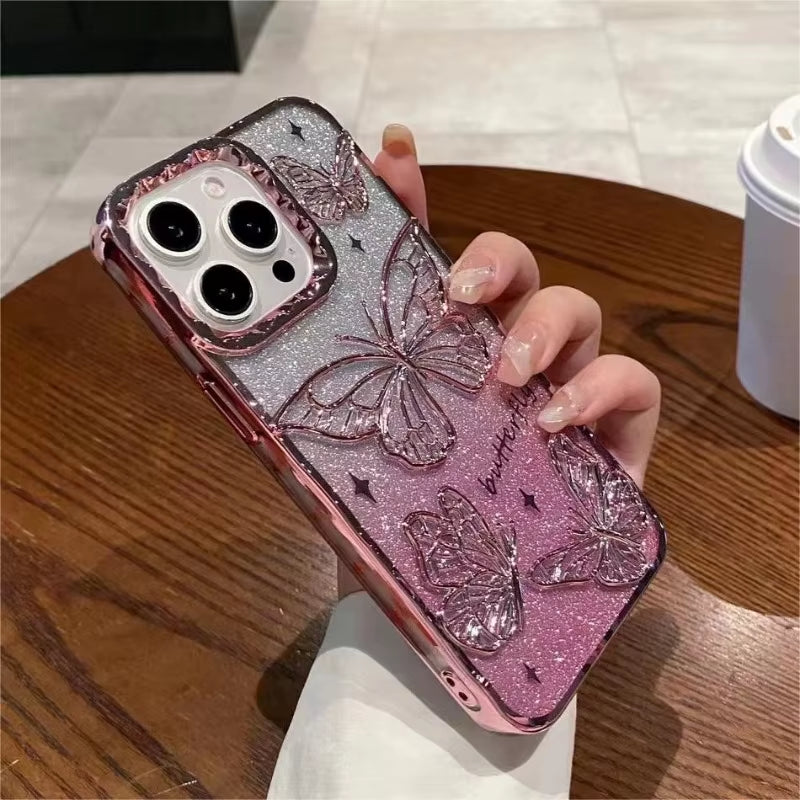 ✨ BlingNTech 3D Butterfly Glow Case — Gradient Quicksand Glitter for iPhone 17 16 15 14 13 Pro Max | Plating Shockproof Luxe Cover ✨