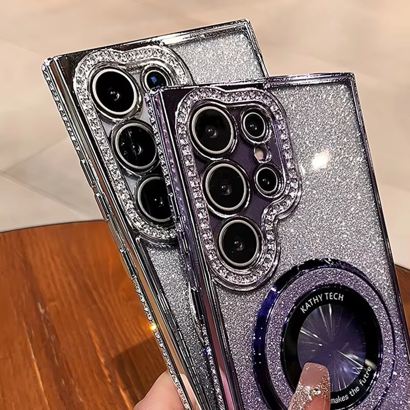 Luxury Glitter Magsafe Bracket Case for Samsung Galaxy S24 S25 S23 Ultra S22 plus A55 A35 A25 A24 A15 A05S Diamond Plating Cover