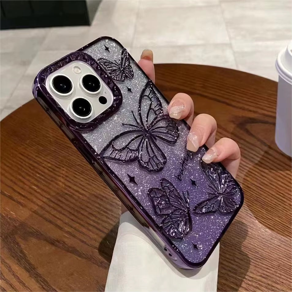 ✨ BlingNTech 3D Butterfly Glow Case — Gradient Quicksand Glitter for iPhone 17 16 15 14 13 Pro Max | Plating Shockproof Luxe Cover ✨