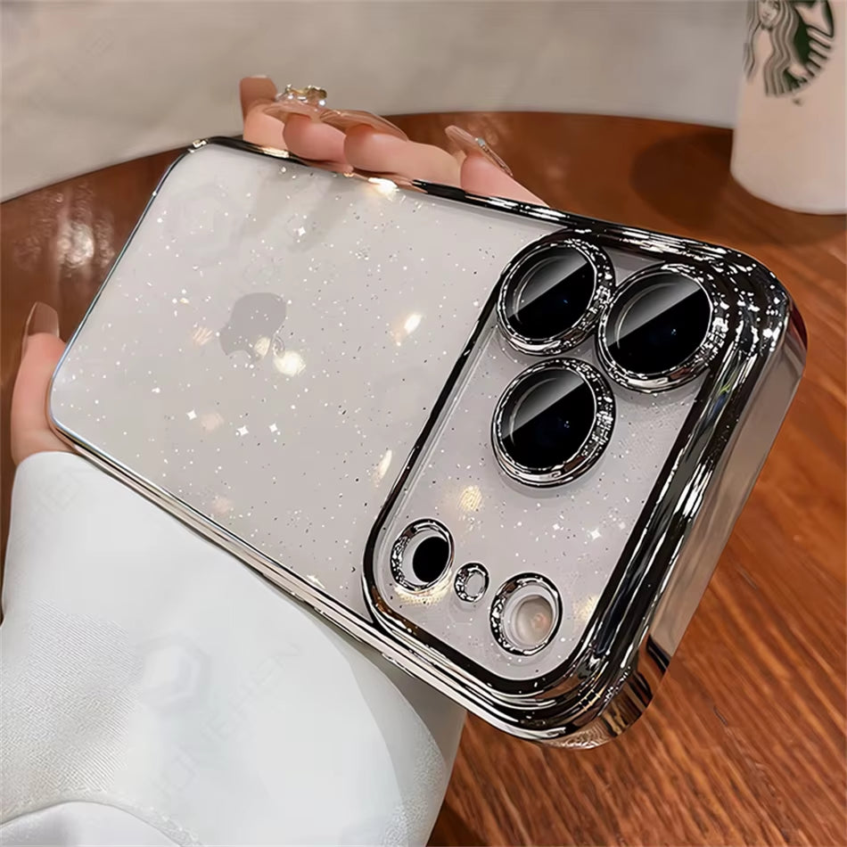 ✨ LuxeGlow™ Clear Spark Case — Dazzling Transparent Glitter Cover with Orange-Plated Edges & Full Lens Protection for iPhone 17–13 Pro Max