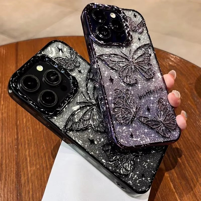 ✨ BlingNTech 3D Butterfly Glow Case — Gradient Quicksand Glitter for iPhone 17 16 15 14 13 Pro Max | Plating Shockproof Luxe Cover ✨
