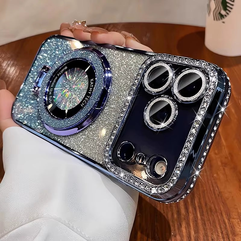 💫 BlingNtecH SparkRhinestone MagSafe Stand Case — Plated Diamond Magnetic Holder & Luxe Bumper Cover for iPhone 17–13 Series