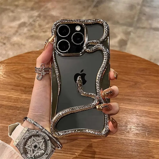 💠 BlingNTech Serpent Luxe Hollow Plated Frame Case for iPhone 17 | 16 | 15 | 14 | 13 Pro Max – Diamond-Edge Lens Guard & Shockproof Glam Cover