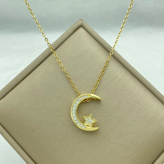 Celestial Love Necklace 💫 – Shining Star & Moon Pendant with Zircon Crystals