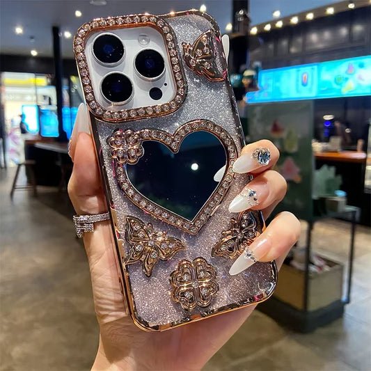 ✨ Butterfly Radiance Mirror Case — Luxury Electroplated Glitter Diamond Heart Design for iPhone 17 16 15 14 13 Pro Max | Transparent Glam Mirror Cover