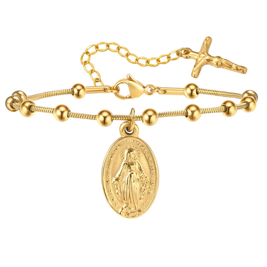 Golden Faith Rosary Bracelet ✝️ – Virgin Mary & Cross Charm | Gold Plated Stainless Steel Religious Jewelry for Women