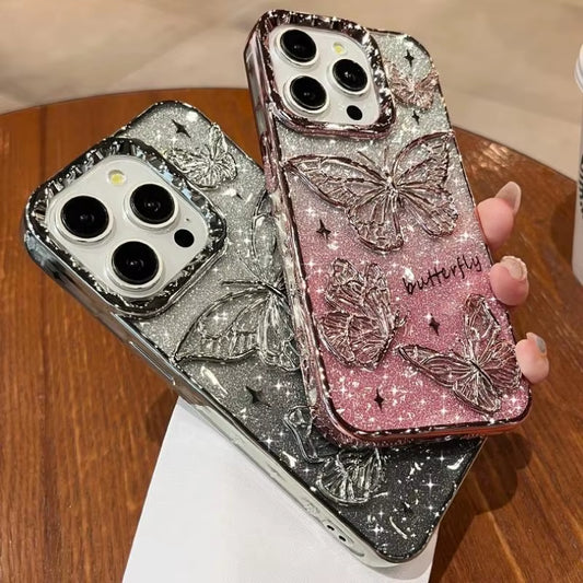 ✨ BlingNTech 3D Butterfly Glow Case — Gradient Quicksand Glitter for iPhone 17 16 15 14 13 Pro Max | Plating Shockproof Luxe Cover ✨